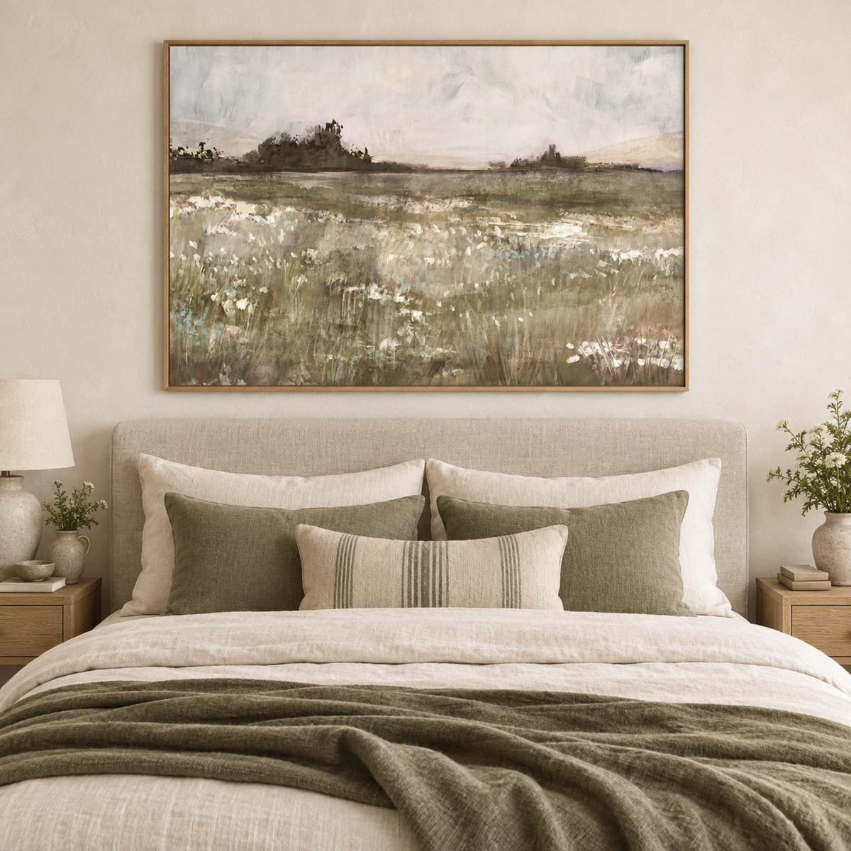 Moody Field Style A wall art centred above an upholstered bedhead