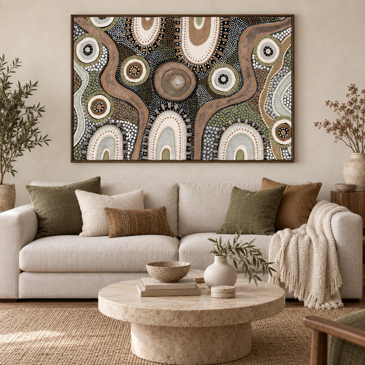 Mothers Love Style A wall art centred above an oatmeal sofa