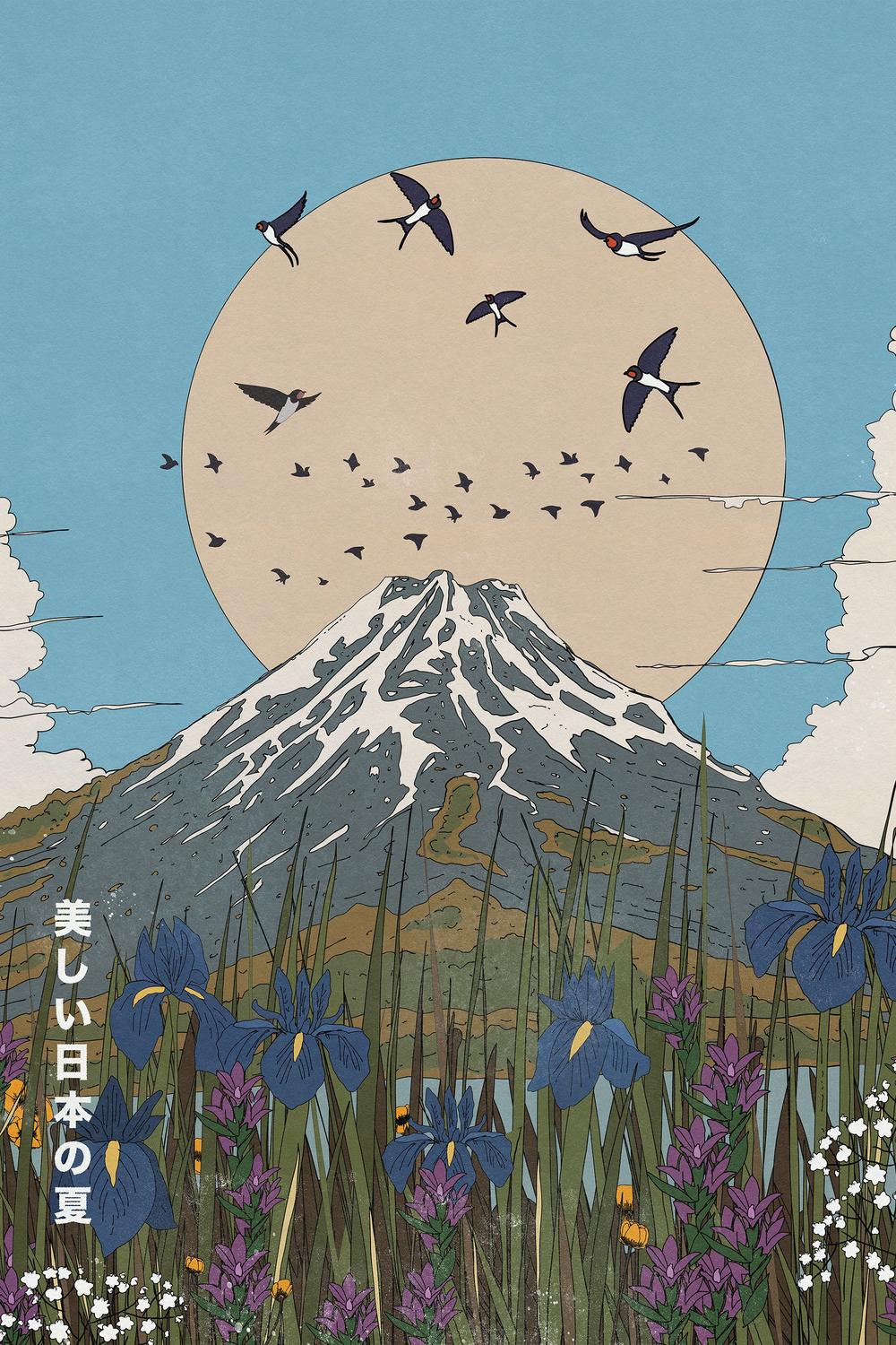 Mount Fuji Summer Swallows-by-Nicholas-wall-art-print-canvas-poster-framed-Gioia