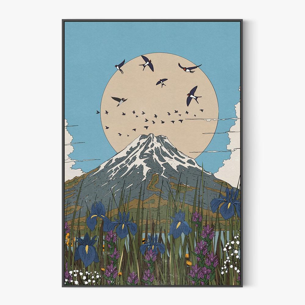 Mount Fuji Swallows Irises-by-Nicholas-wall-art-print-canvas-poster-framed-Gioia