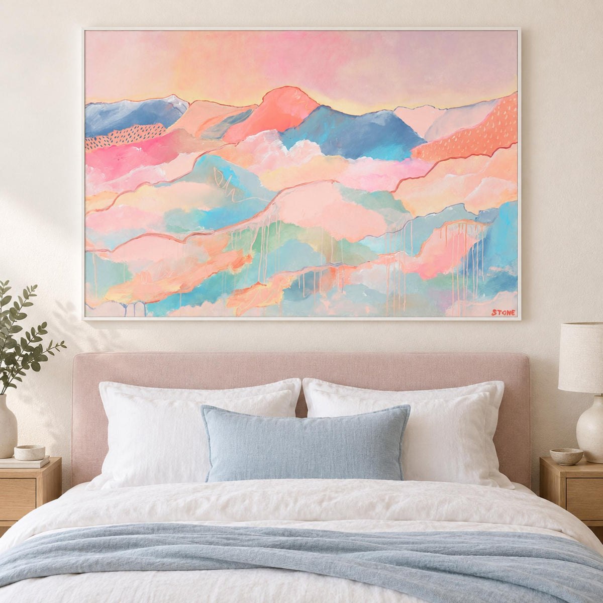 Mountain Of Dreams wall art styled in a serene bedroom