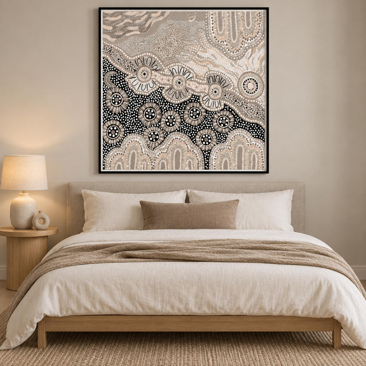 My Country Home, Soft Brown Tones wall art styled in a serene earth-toned bedroom