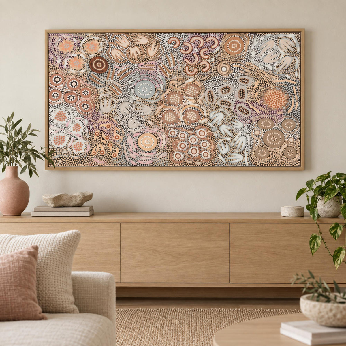 My Great Great Grandmothers Land, Style A wall art styled above a pale oak buffet
