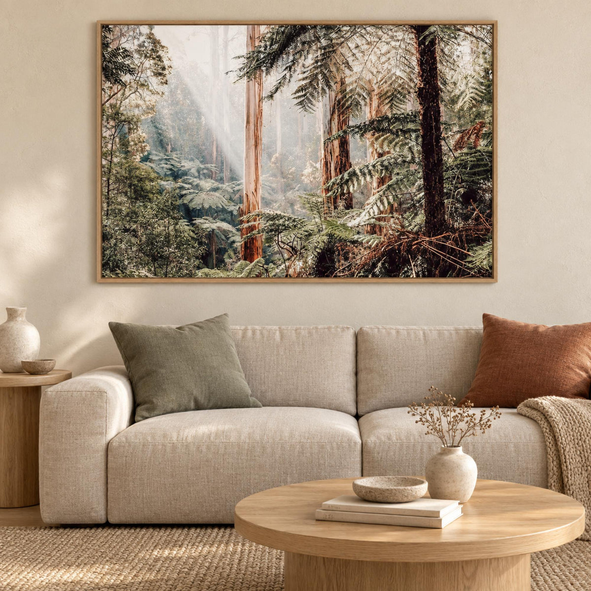 Native Australian Rainforest wall art in a warm contemporary living room