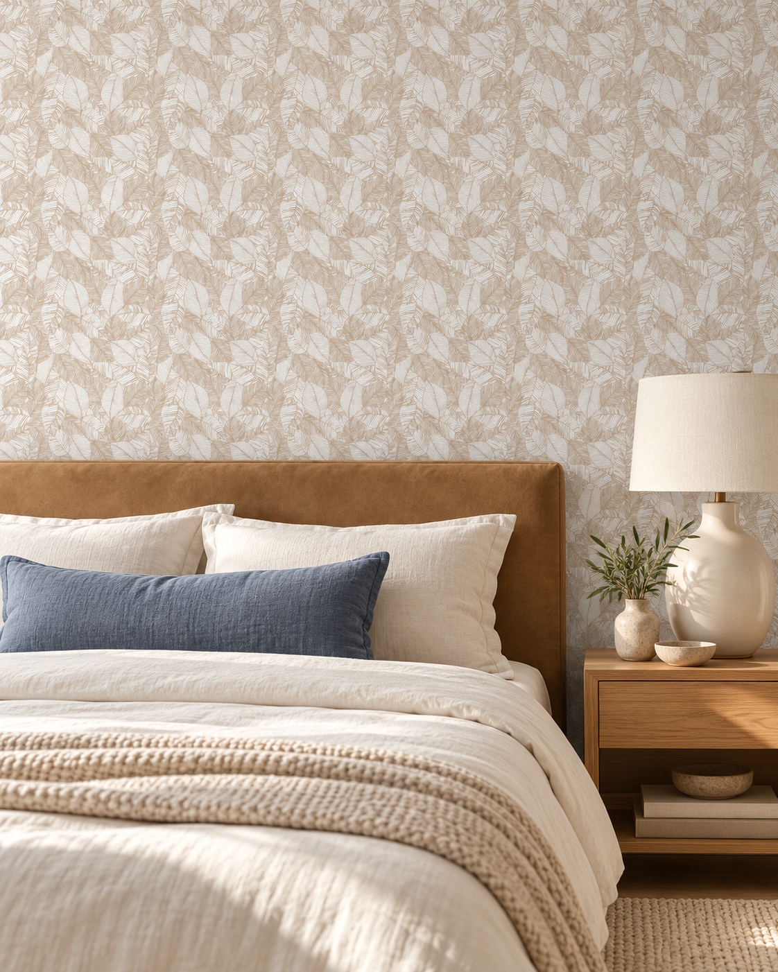 Neutral Palm Leaves wallpaper in a designer bedroom with caramel headboard and slate blue linen cushion