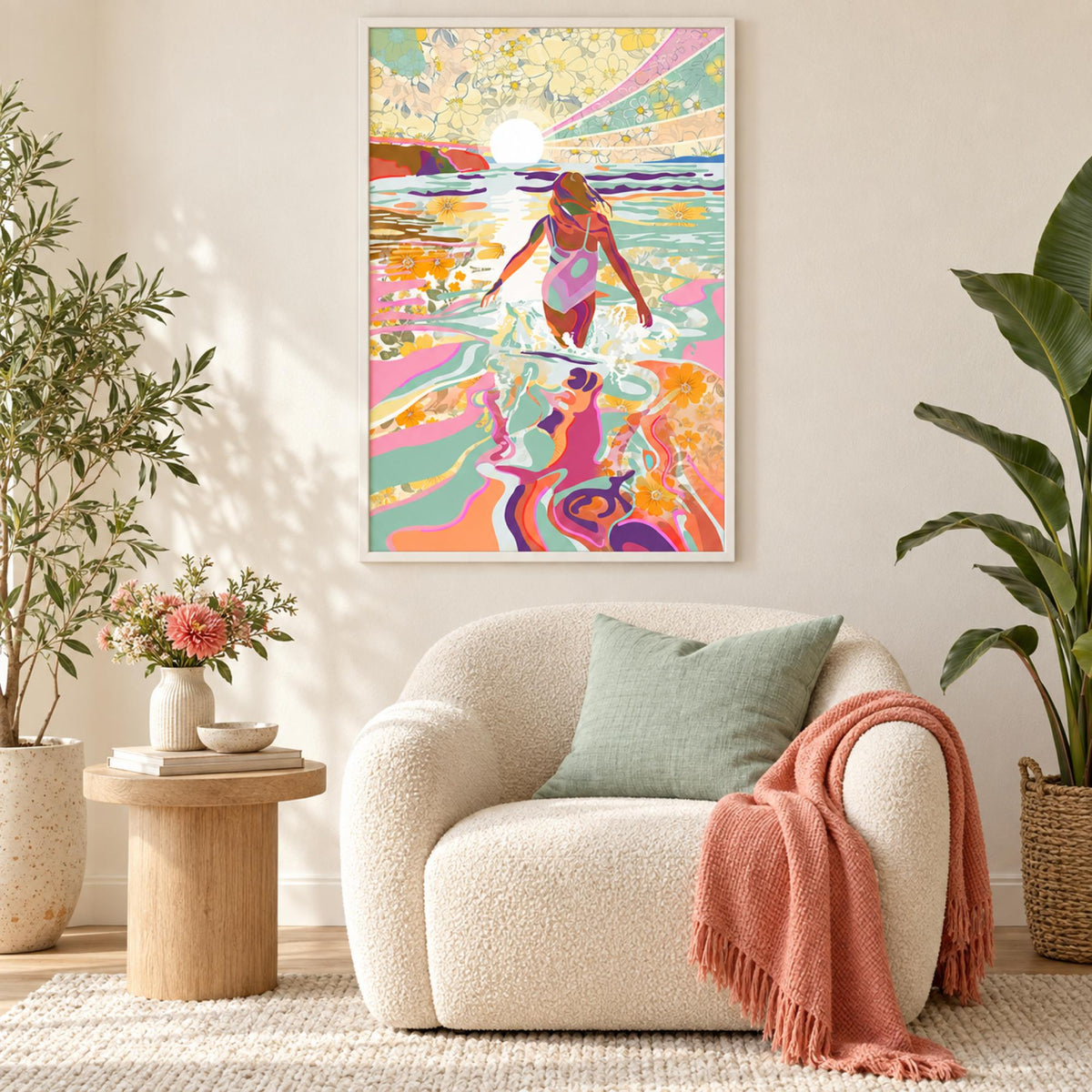Ocean Soul wall art styled in a bright contemporary cozy corner