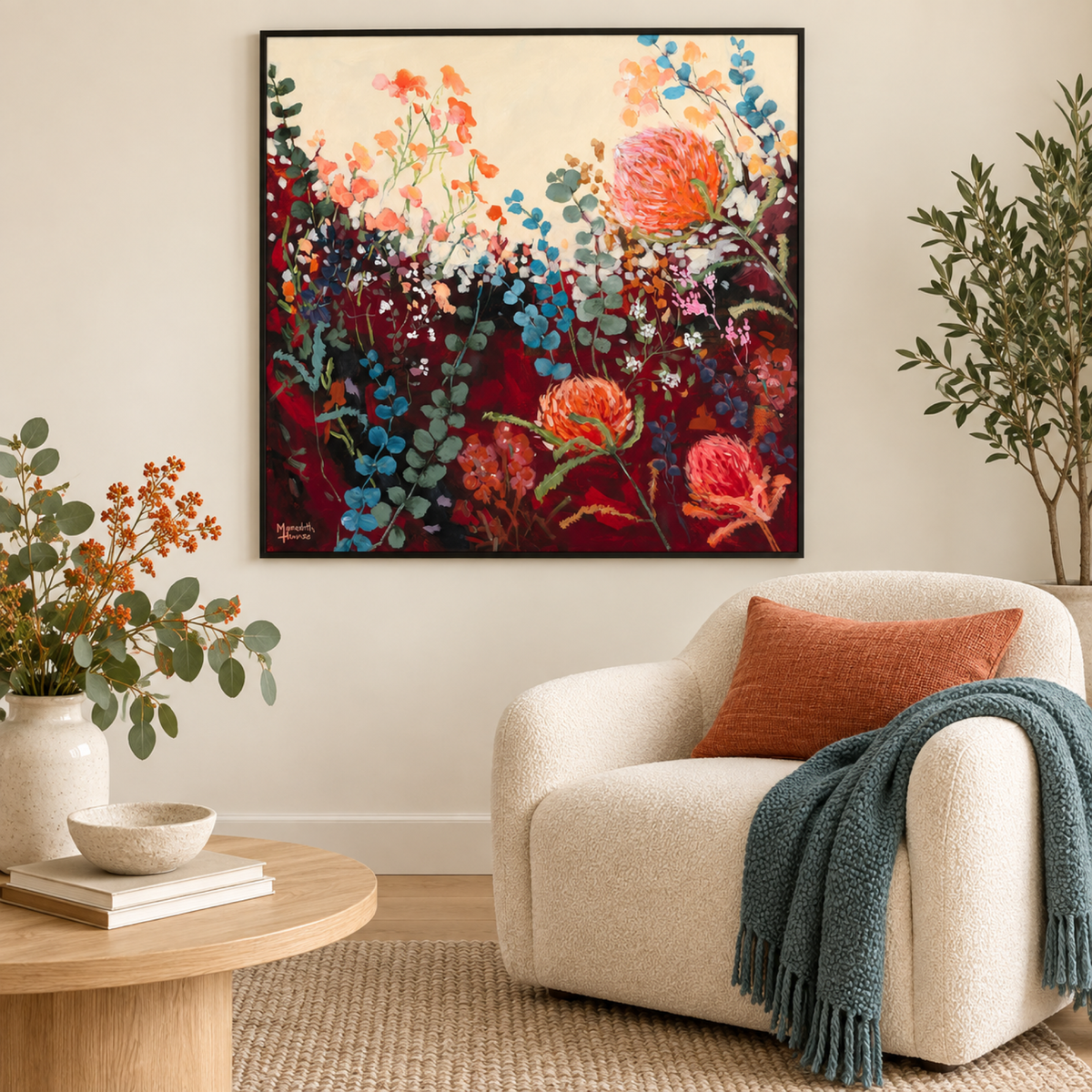Orange Iris Vintage wall art in a contemporary reading corner