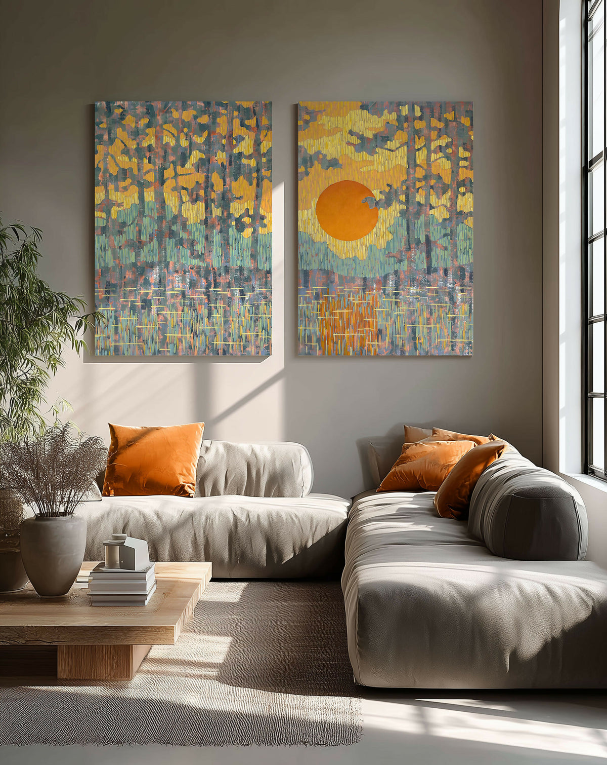 Pine Coast at Sunset. Diptych / Set of 2 Original Artworks