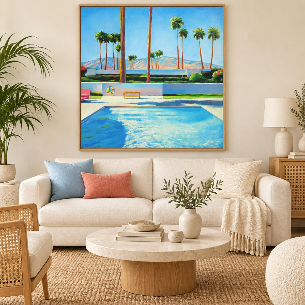 Palm Springs Pool wall art centred above a mid-century sofa