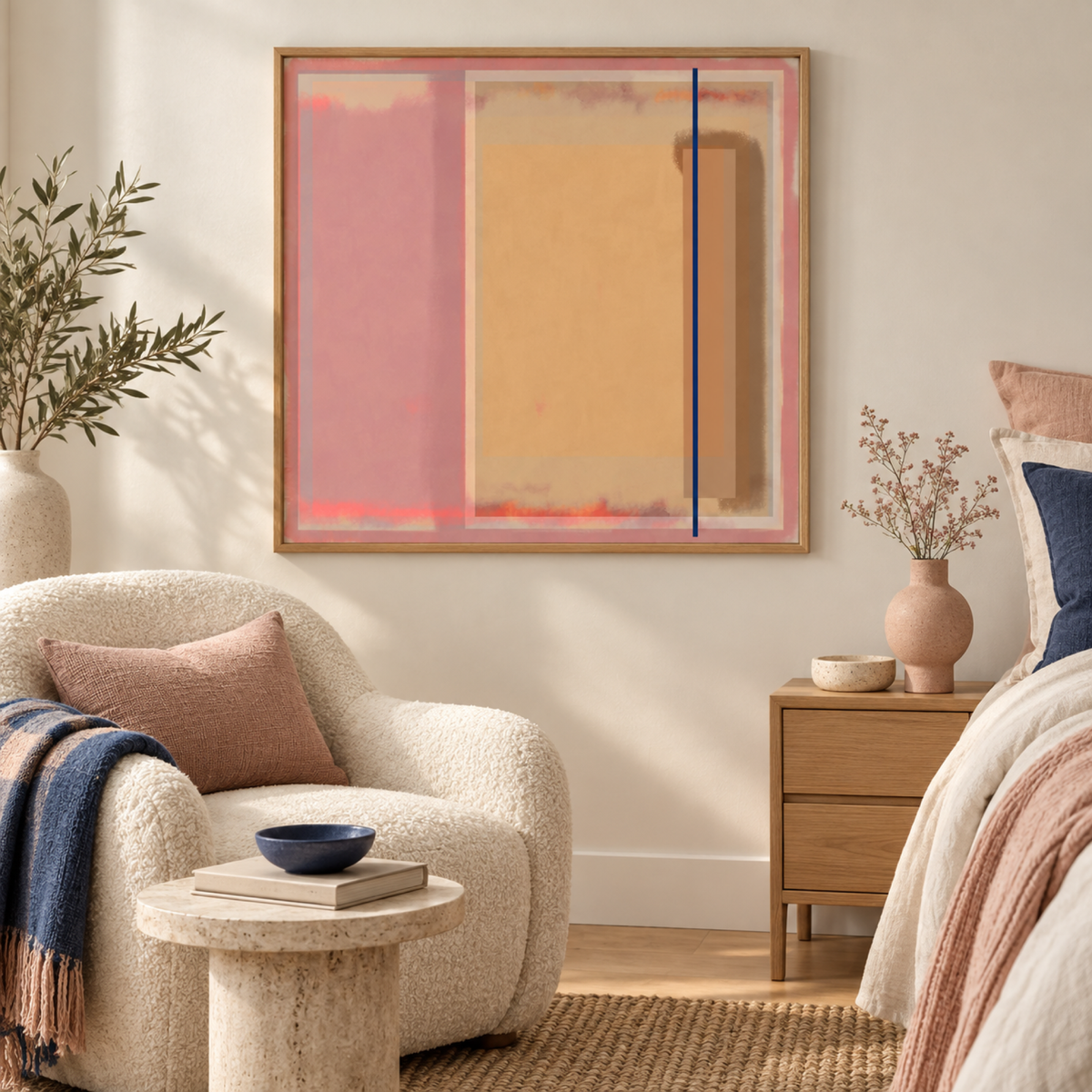 Pastel Geometry wall art styled in a contemporary bedroom with a borderless oak frame