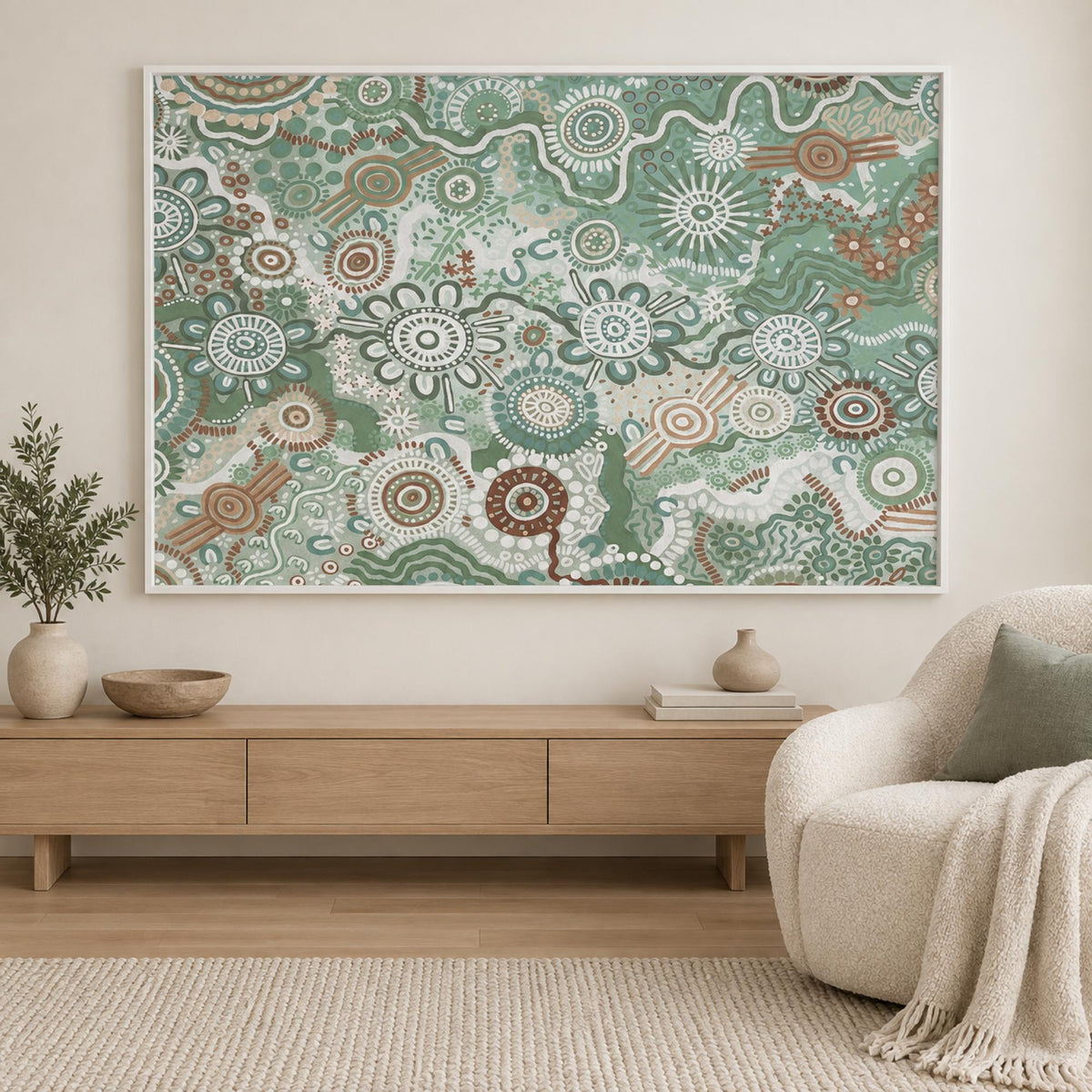 Peaceful Country In Colour wall art styled in a calm contemporary living room