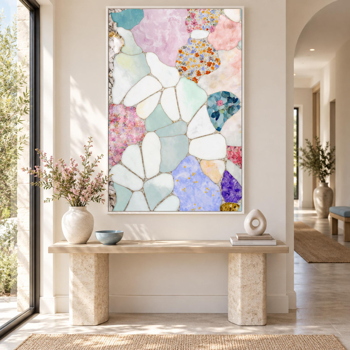 Petal Kaleidoscope by Treechild in a white floating frame above a contemporary hallway console.