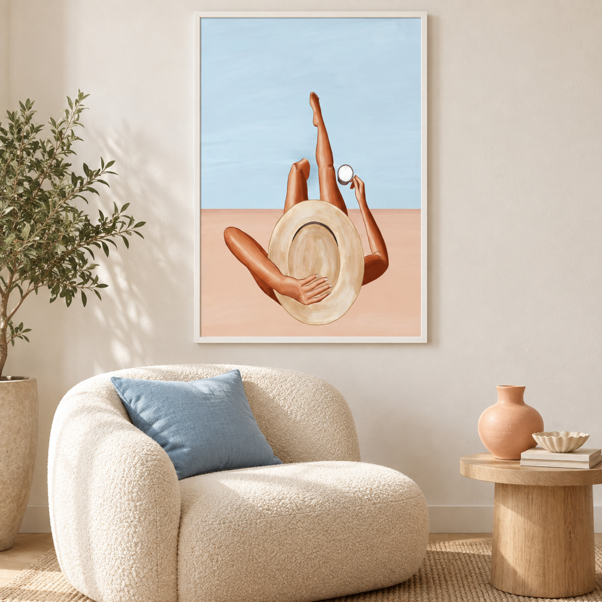 Poolside Girl wall art styled in a bright contemporary cozy corner