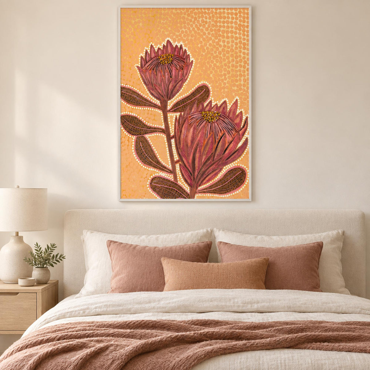 Proteas wall art styled in a warm contemporary bedroom