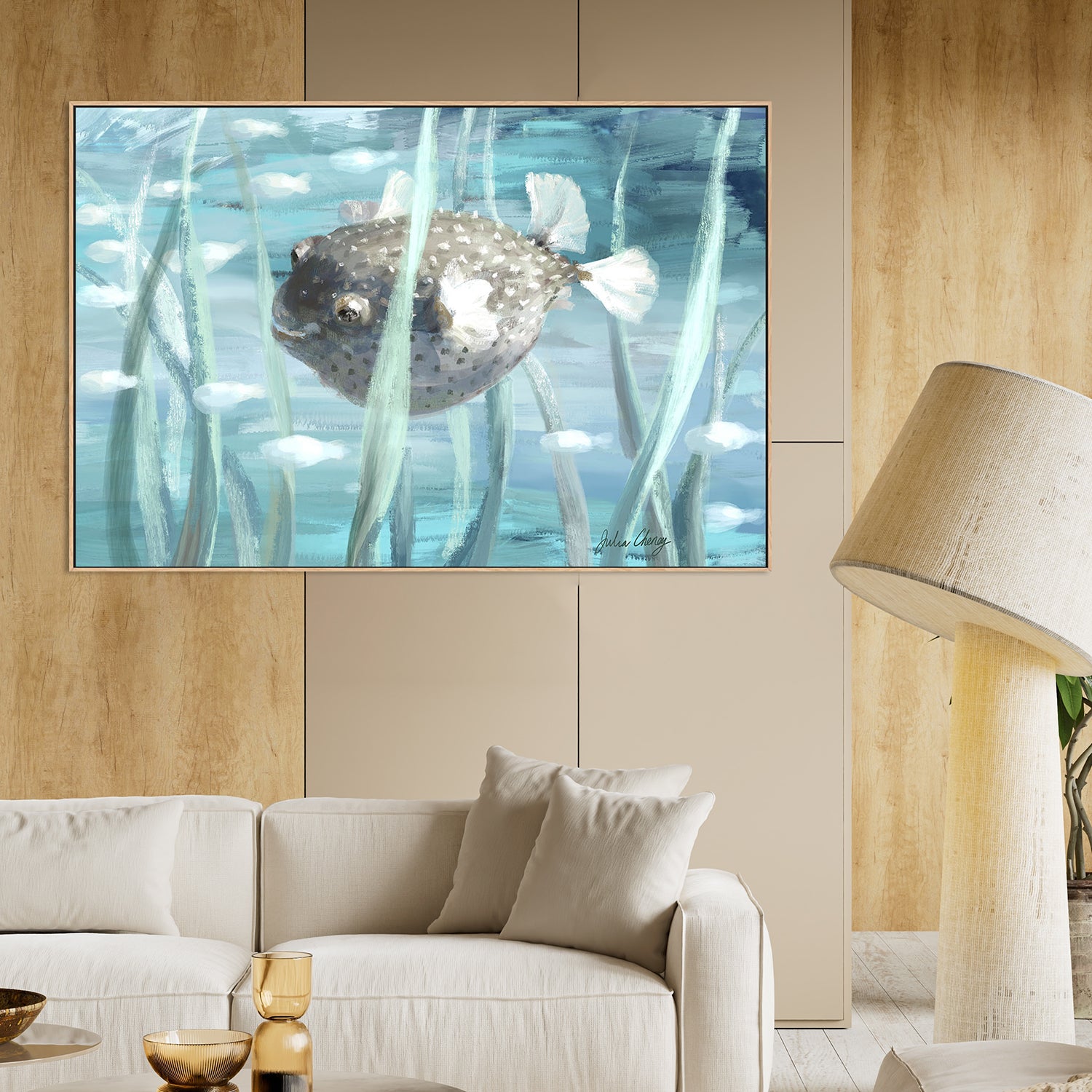 Pufferfish In Seagrass-by-Julia Cheney-wall-art-print-canvas-poster-framed-Gioia