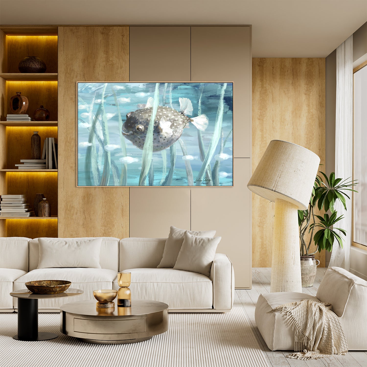 Pufferfish In Seagrass-by-Julia Cheney-wall-art-print-canvas-poster-framed-Gioia