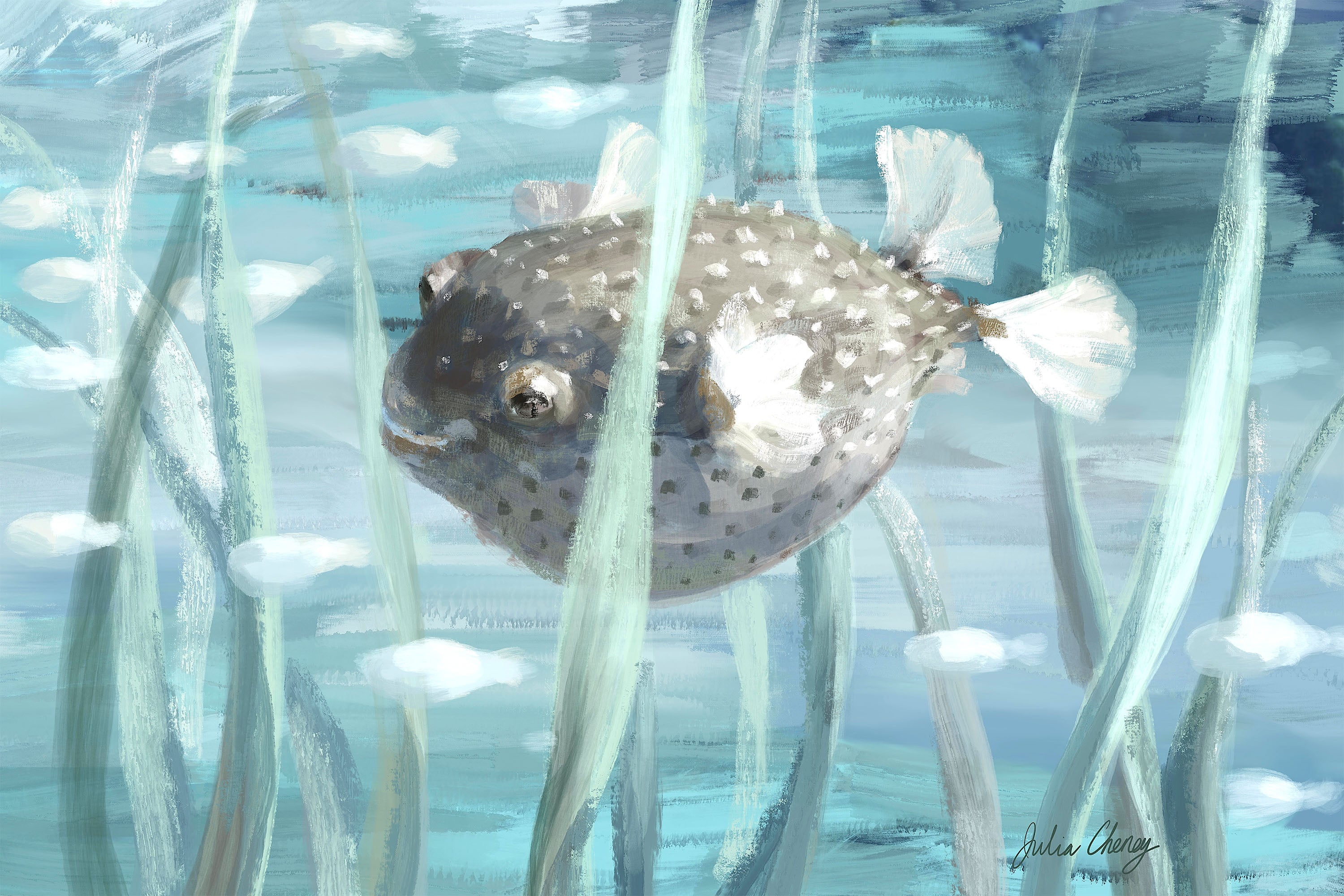 Pufferfish In Seagrass-by-Julia Cheney-wall-art-print-canvas-poster-framed-Gioia