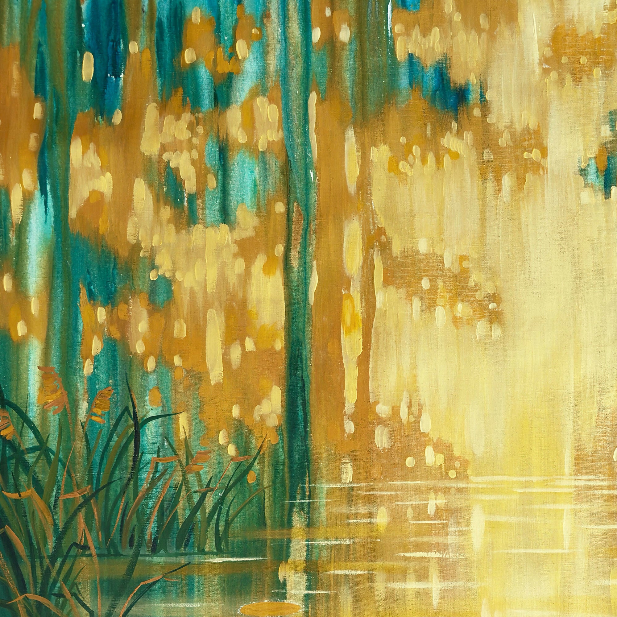 Golden-Emerald Forest Pond, Original Hand-painted Canvas by Ekaterina Prisich