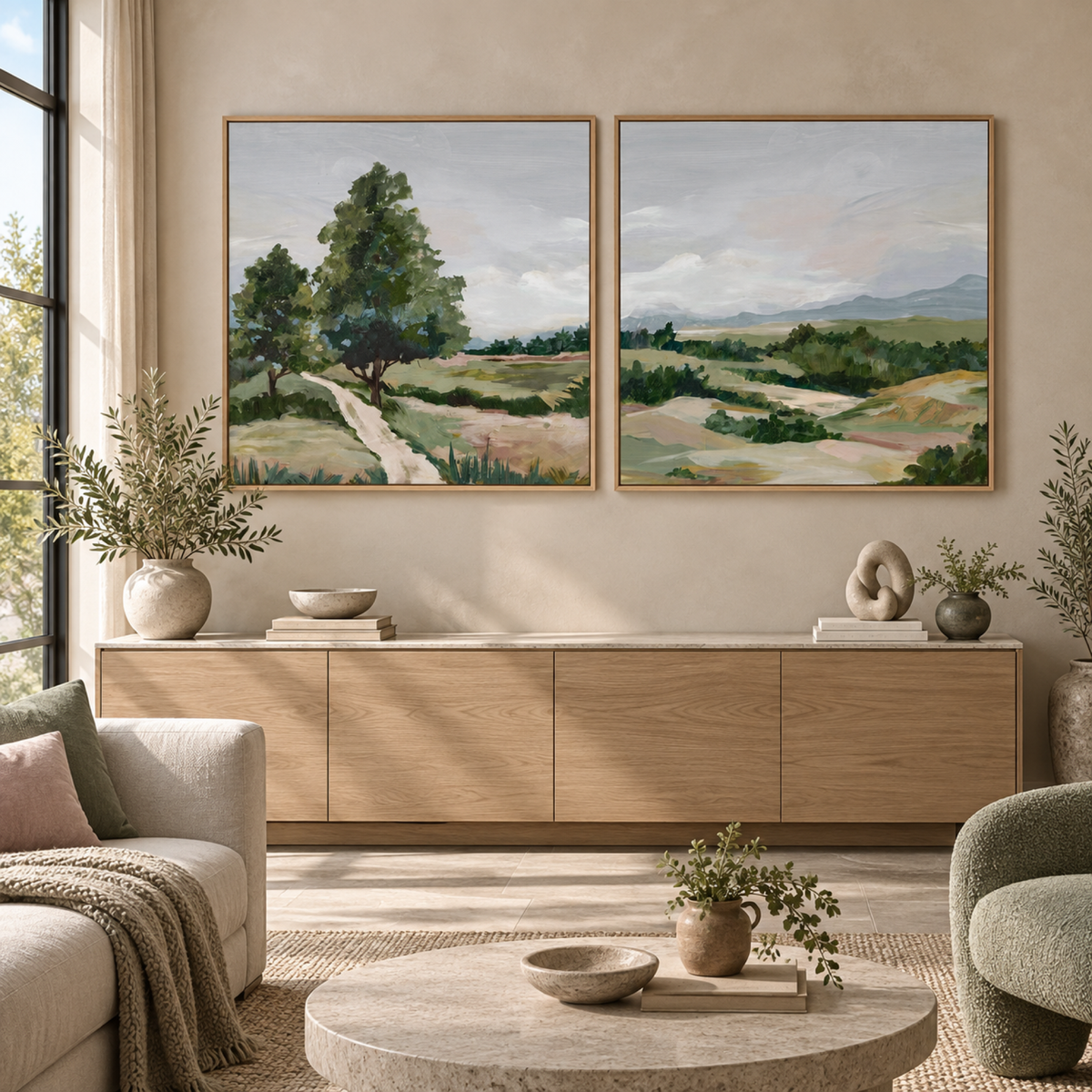 Quiet Path Through Open Fields and Gentle Hills set of 2 in oak frames above a contemporary buffet