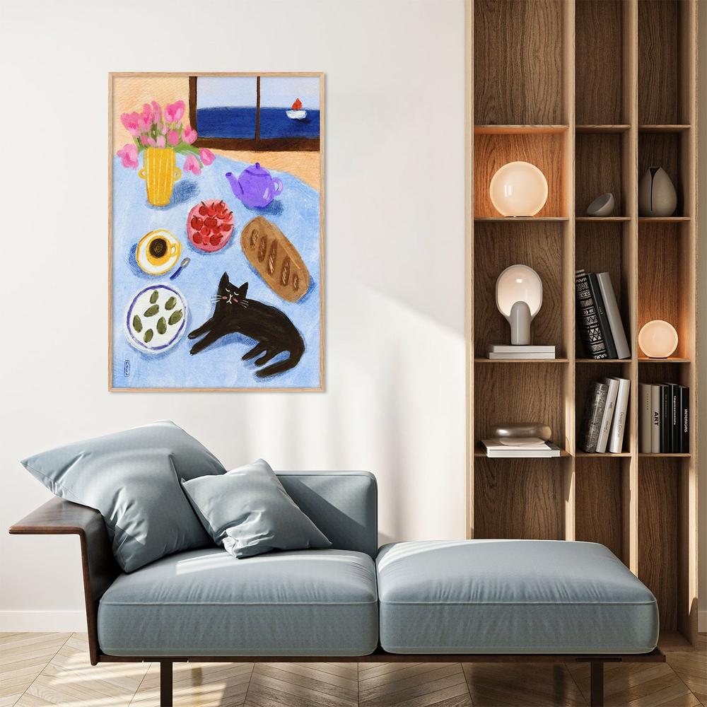 Relaxing Seaside Cat Breakfast-by-Dirkie Nell-wall-art-print-canvas-poster-framed-Gioia