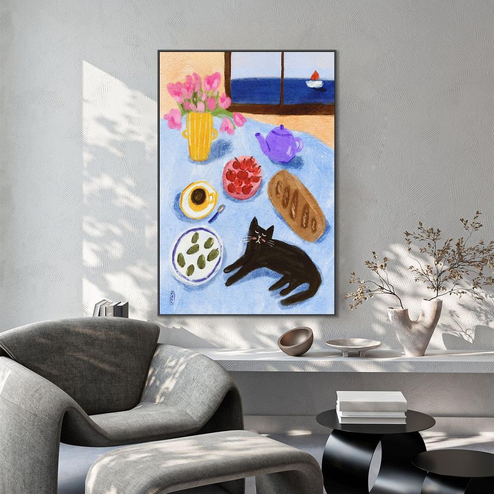 Relaxing Seaside Cat Breakfast-by-Dirkie Nell-wall-art-print-canvas-poster-framed-Gioia
