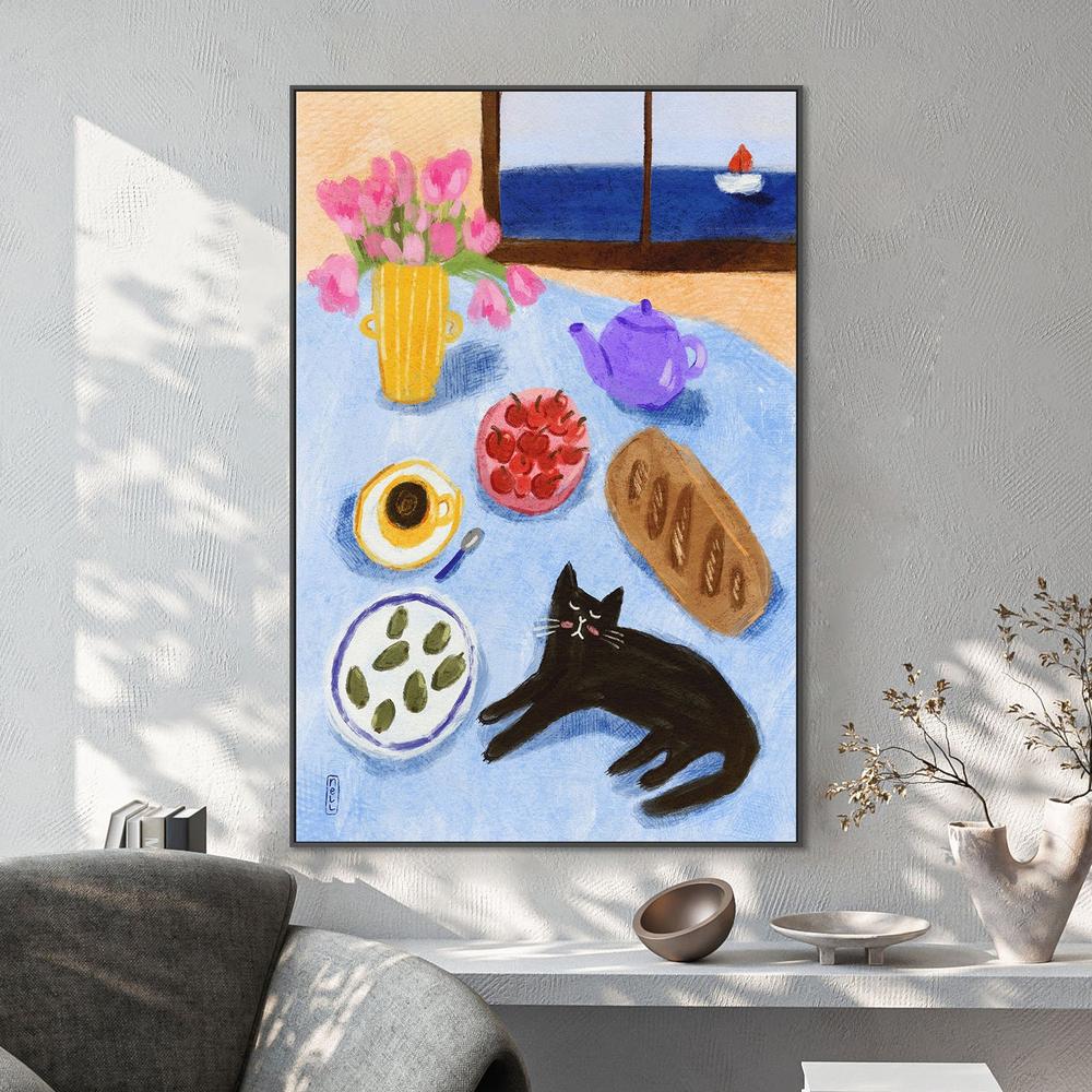 Relaxing Seaside Cat Breakfast-by-Dirkie Nell-wall-art-print-canvas-poster-framed-Gioia