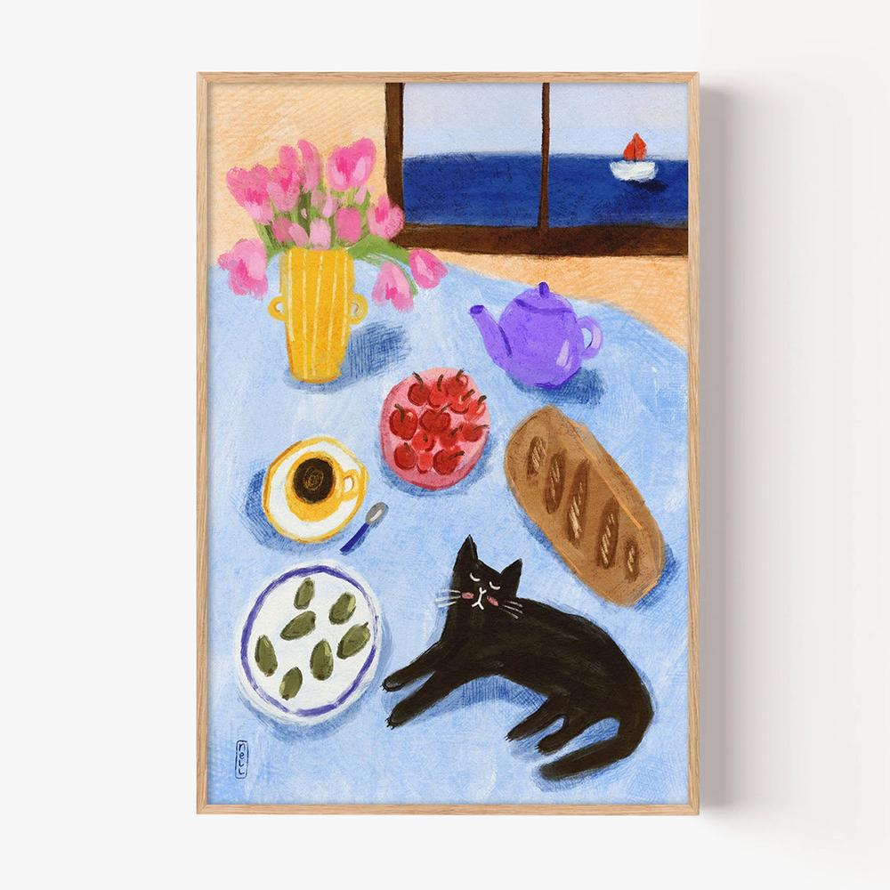 Relaxing Seaside Cat Breakfast-by-Dirkie Nell-wall-art-print-canvas-poster-framed-Gioia