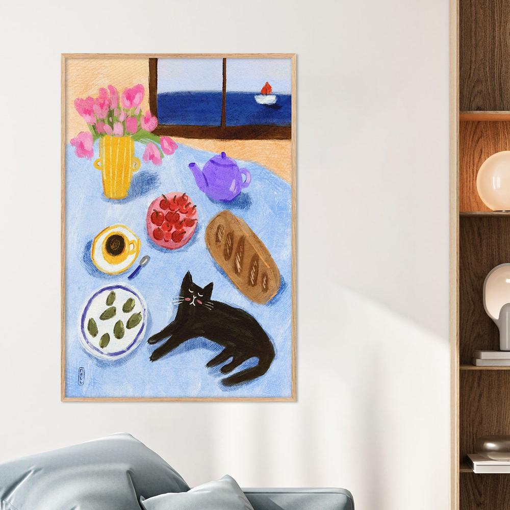 Relaxing Seaside Cat Breakfast-by-Dirkie Nell-wall-art-print-canvas-poster-framed-Gioia