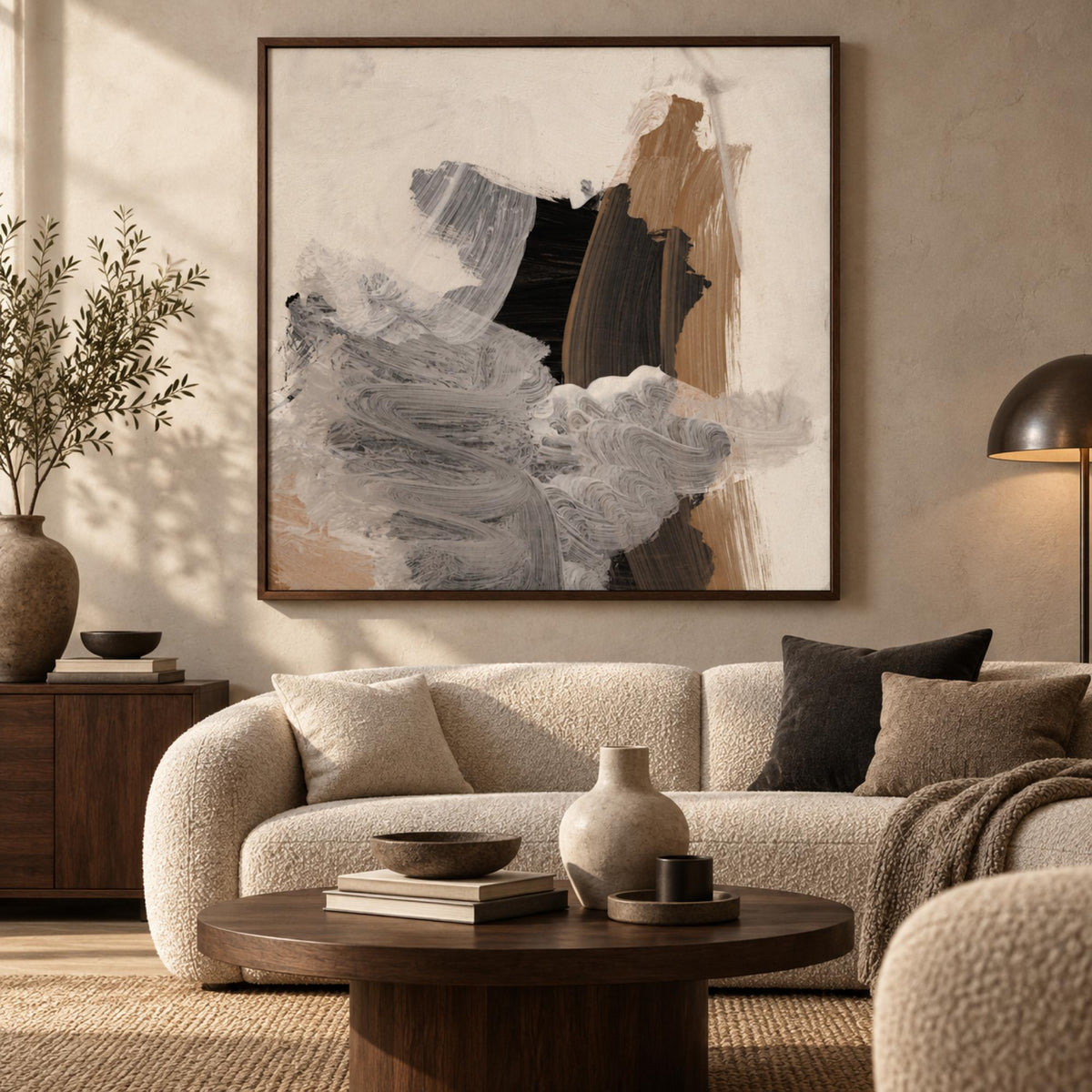 Repose wall art styled in a quiet contemporary living room with no mat border