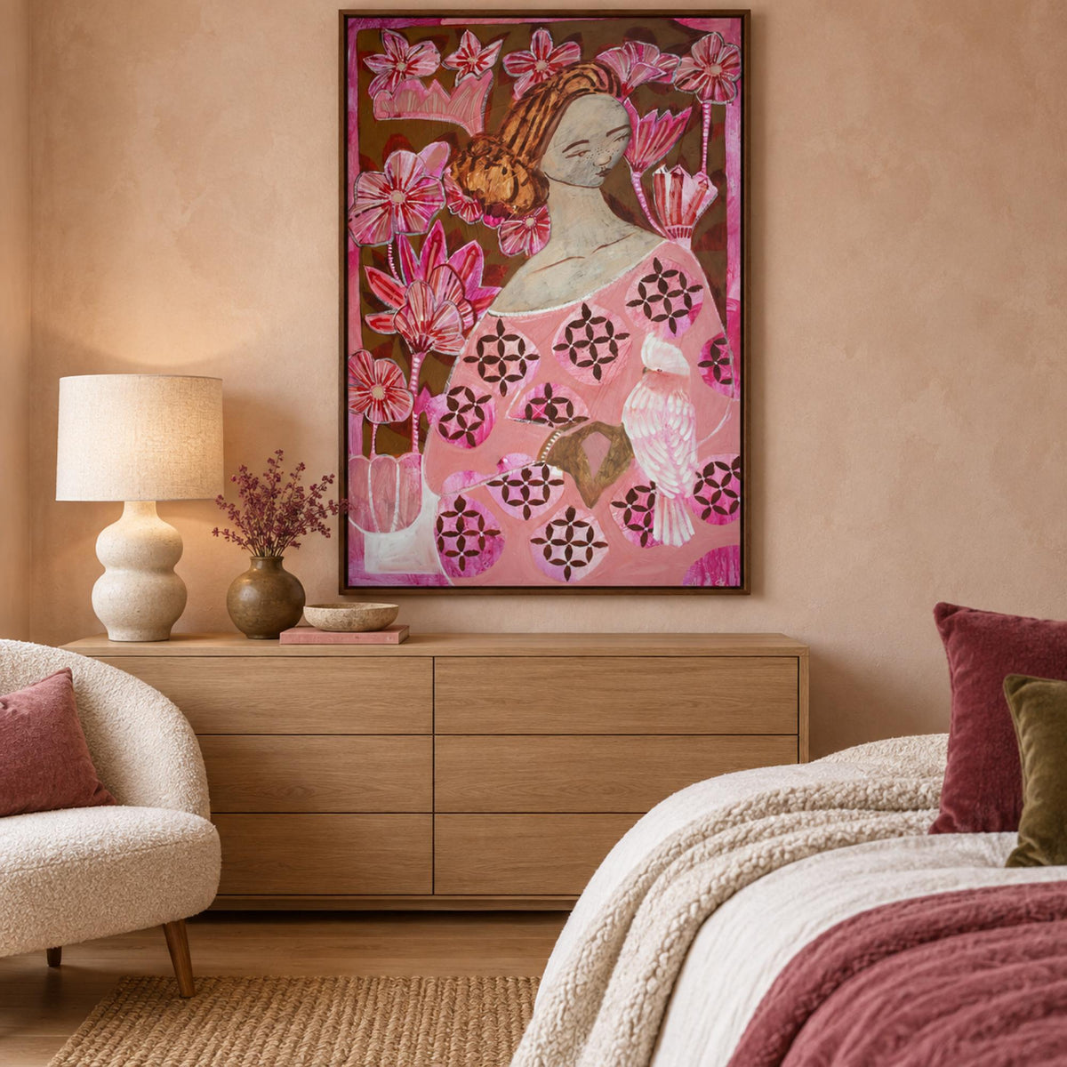 Rose Exclusive to Gioia wall art in a warm contemporary bedroom corner