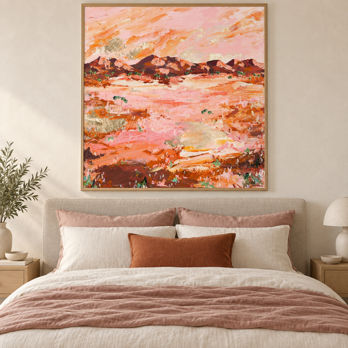 Rose for Days wall art styled in a warm contemporary bedroom