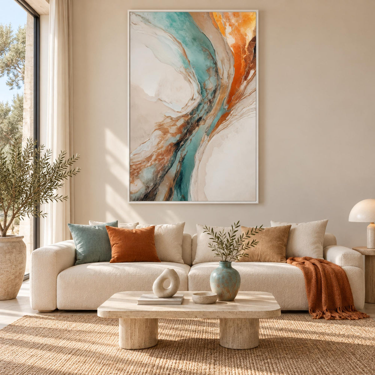 sand and fire by Alpenglow Workshop in a white floating frame above a contemporary cream sofa.