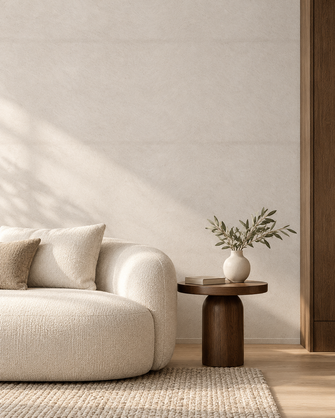 Sand Linen wallpaper in a modern living room with a sculptural ivory sofa and dark oak table