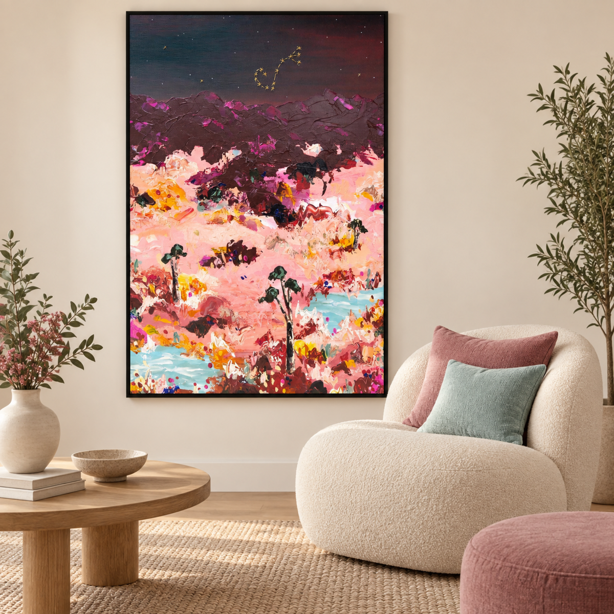 Scorpio wall art in a soft contemporary reading corner