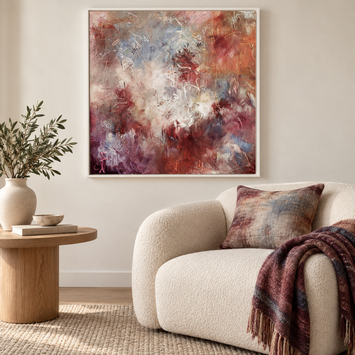 Scribbles hand-painted canvas in a warm contemporary reading corner