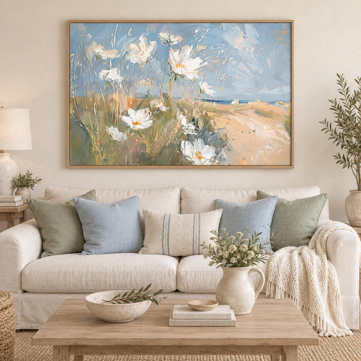 Seaside Wildflowers Style A wall art centred above a coastal sofa