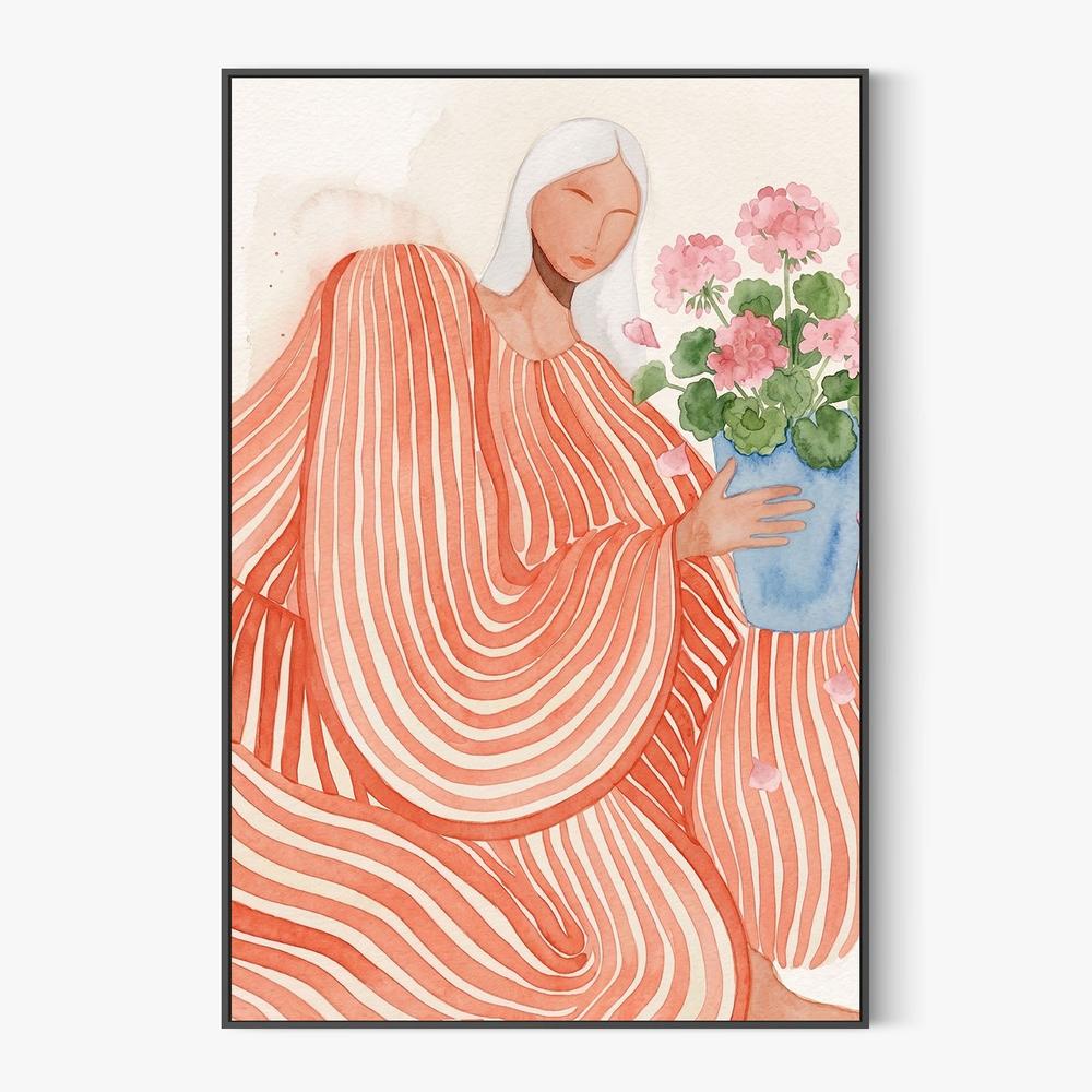 Serene Woman Pink Flowers-by-Essa Van Reis-wall-art-print-canvas-poster-framed-Gioia