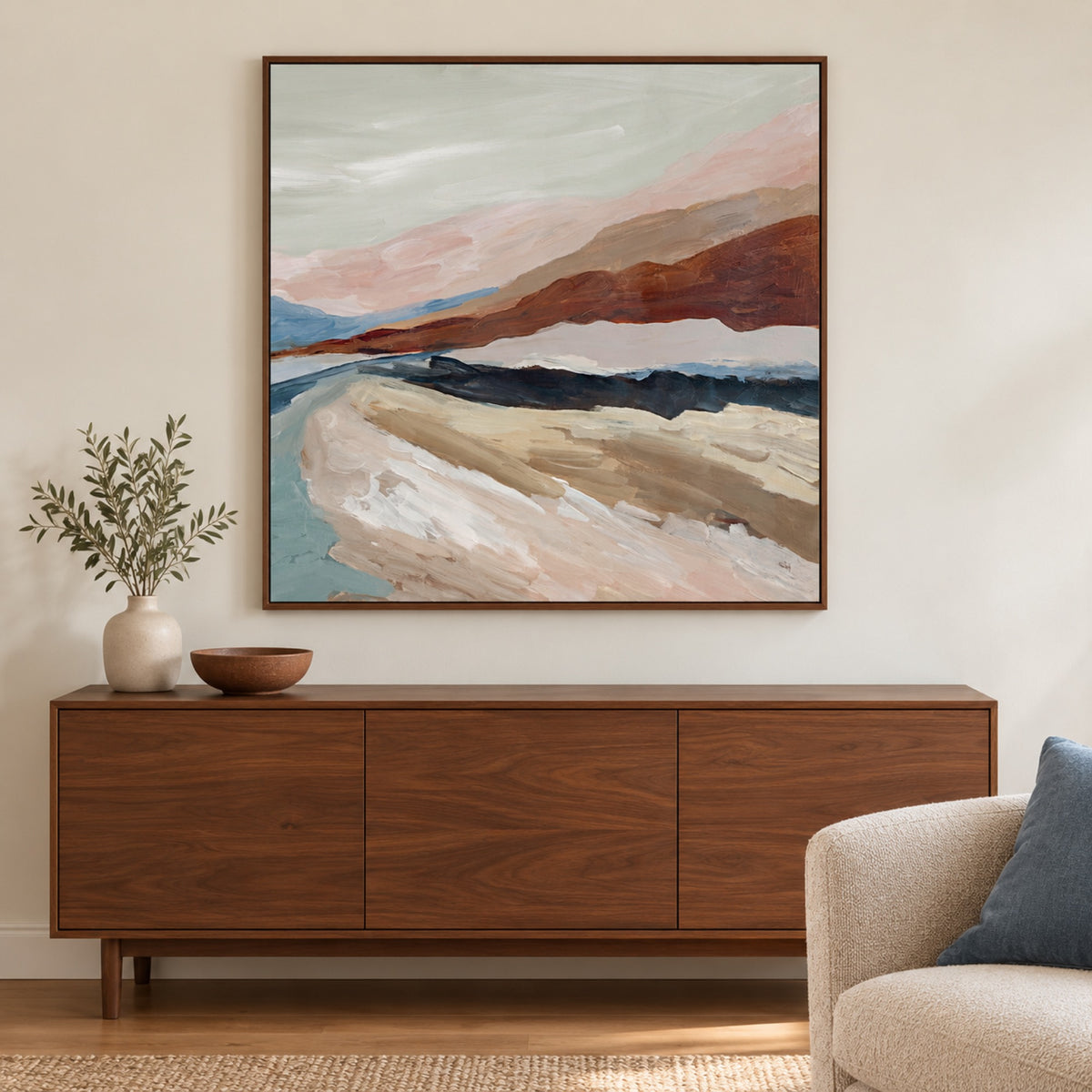 Shadows of Dusk displayed in a walnut frame above a walnut buffet.