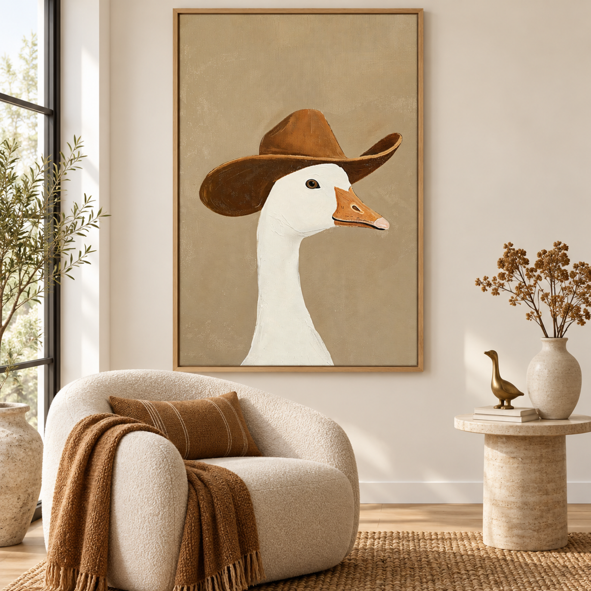 Silly Cowboy by Lady Hana in an oak floating frame above a contemporary cream lounge chair.