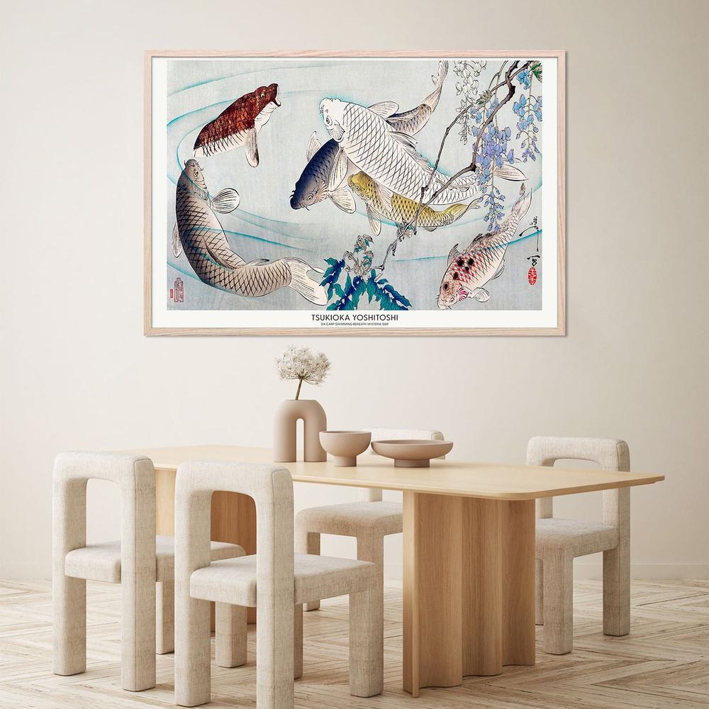 Six Carp Swimming Beneath Wisteria (1889)-by-Tsukioka Yoshitoshi-wall-art-print-canvas-poster-framed-Gioia