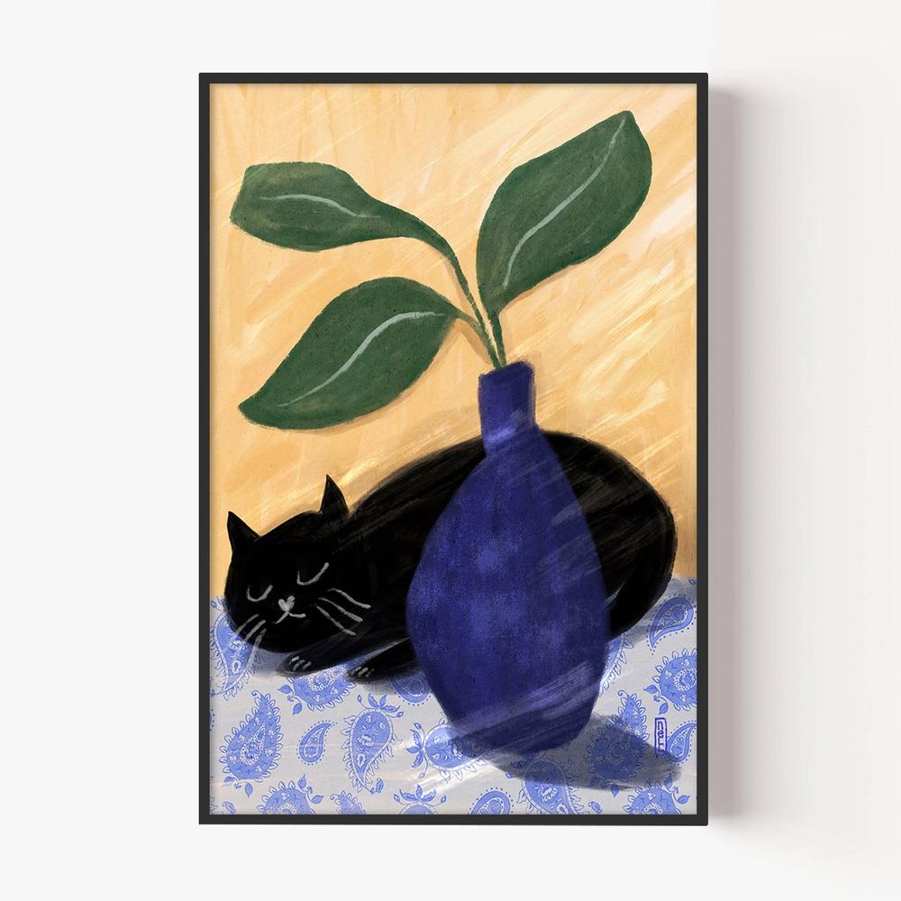 Sleeping Black Cat-by-Dirkie Nell-wall-art-print-canvas-poster-framed-Gioia