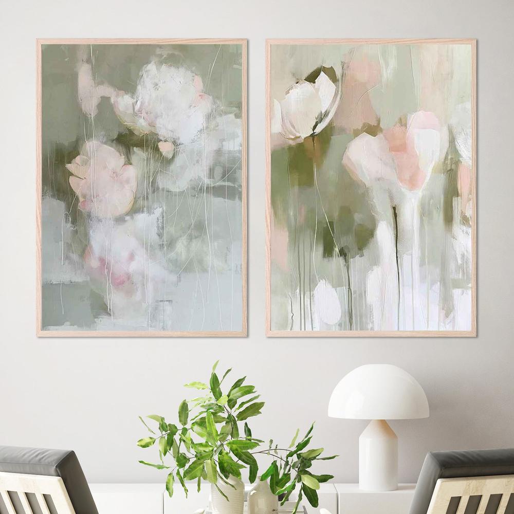 Soft Abstract Blooms & Soft Abstract Flowers, Set Of 2, 50x70cm, Oak Shadow Box Framed Canvas Print-by-Gioia Wall Art-wall-art-print-canvas-poster-framed-Gioia