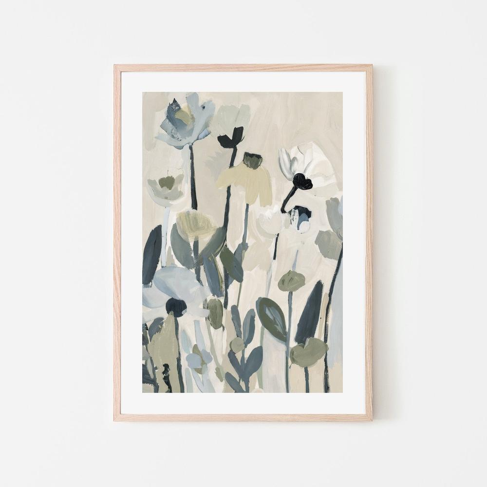 Soft Abstract Blooms With Stems, Green and Blue-by-Stephanie Jeuffroy-wall-art-print-canvas-poster-framed-Gioia