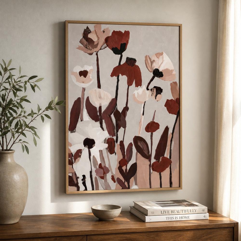 Soft Abstract Blooms With Stems, Neutral Brown and Burgundy-by-Stephanie Jeuffroy-wall-art-print-canvas-poster-framed-Gioia