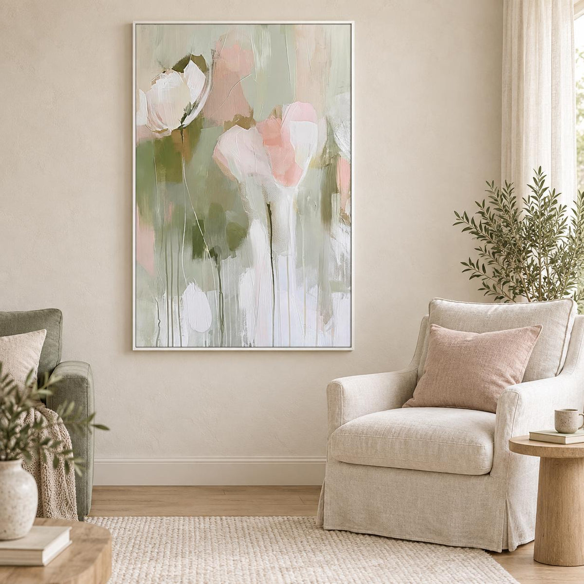 Soft Abstract Flowers by Sally Ann Moss in a white floating frame, styled in a sage and linen living room.