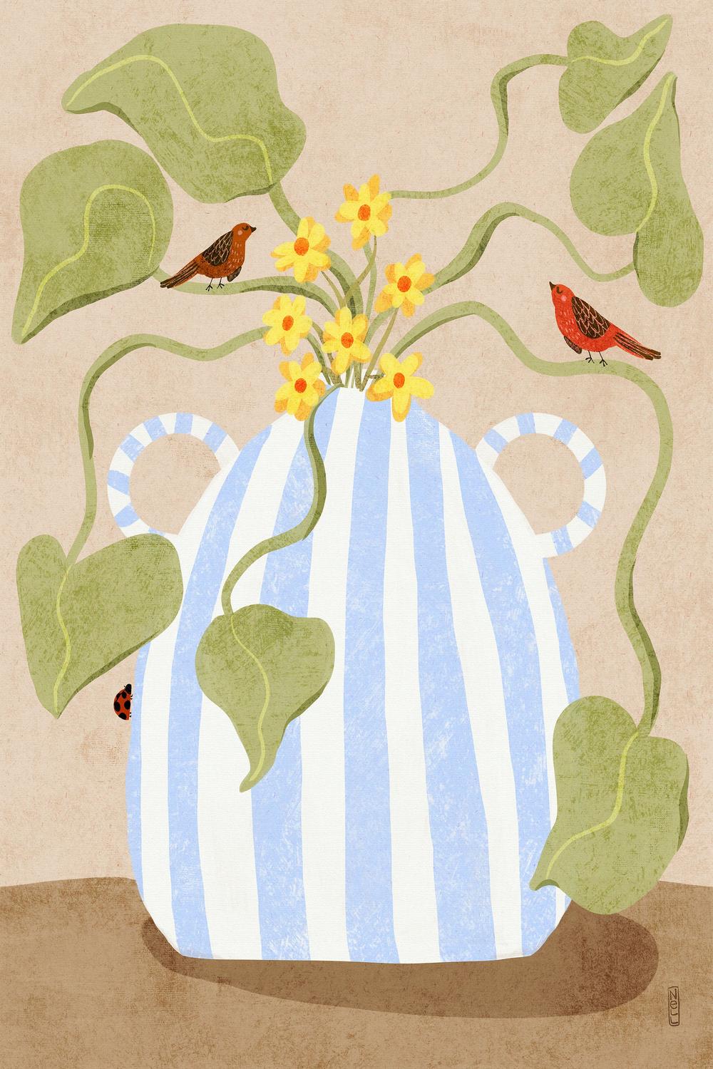 Spring Flowers and Birds-by-Dirkie Nell-wall-art-print-canvas-poster-framed-Gioia