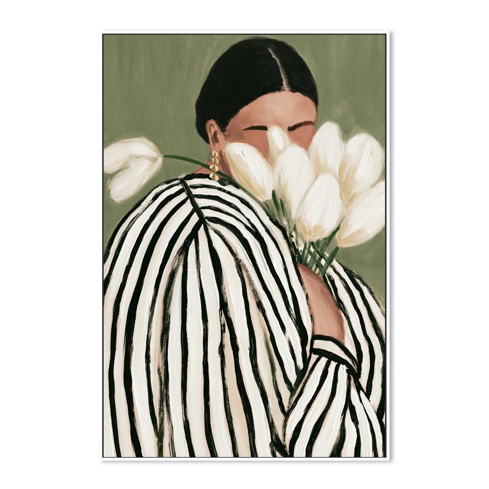 Striped dress woman with tulips-by-Stephanie Jeuffroy-wall-art-print-canvas-poster-framed-Gioia