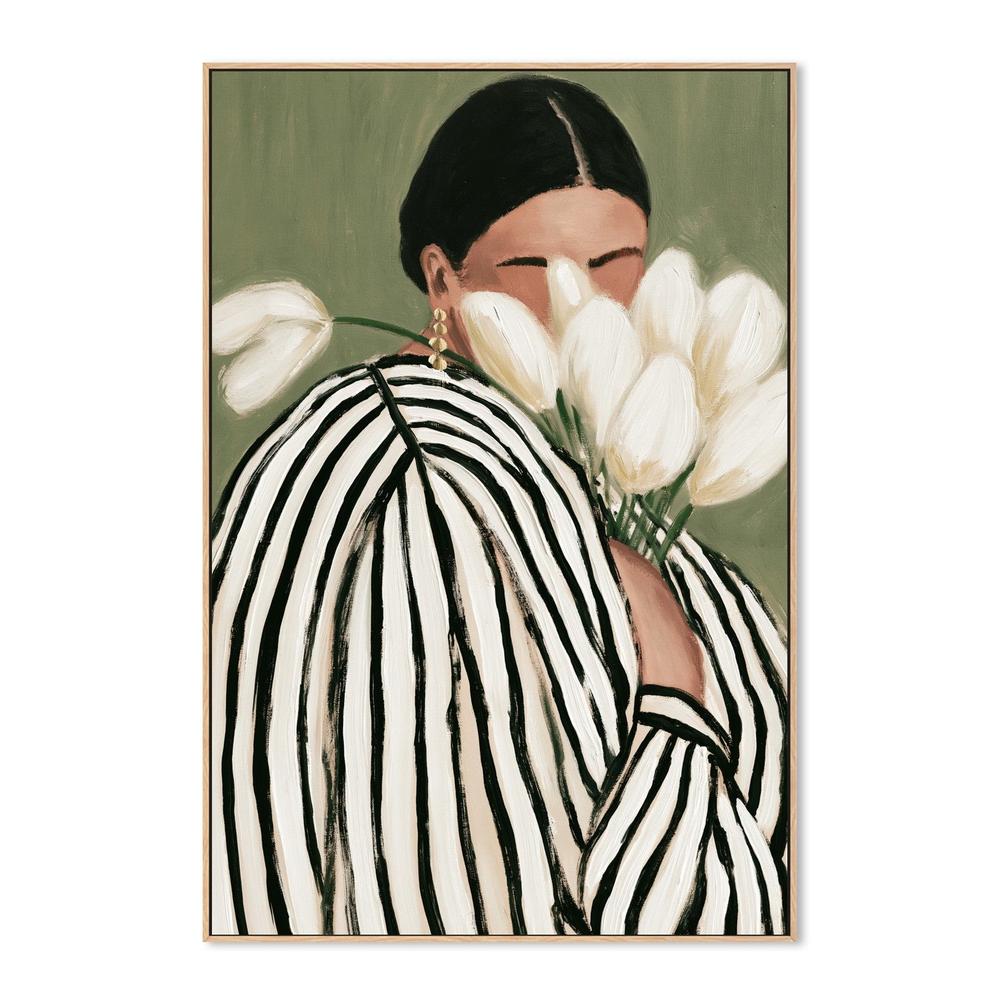 Striped dress woman with tulips-by-Stephanie Jeuffroy-wall-art-print-canvas-poster-framed-Gioia