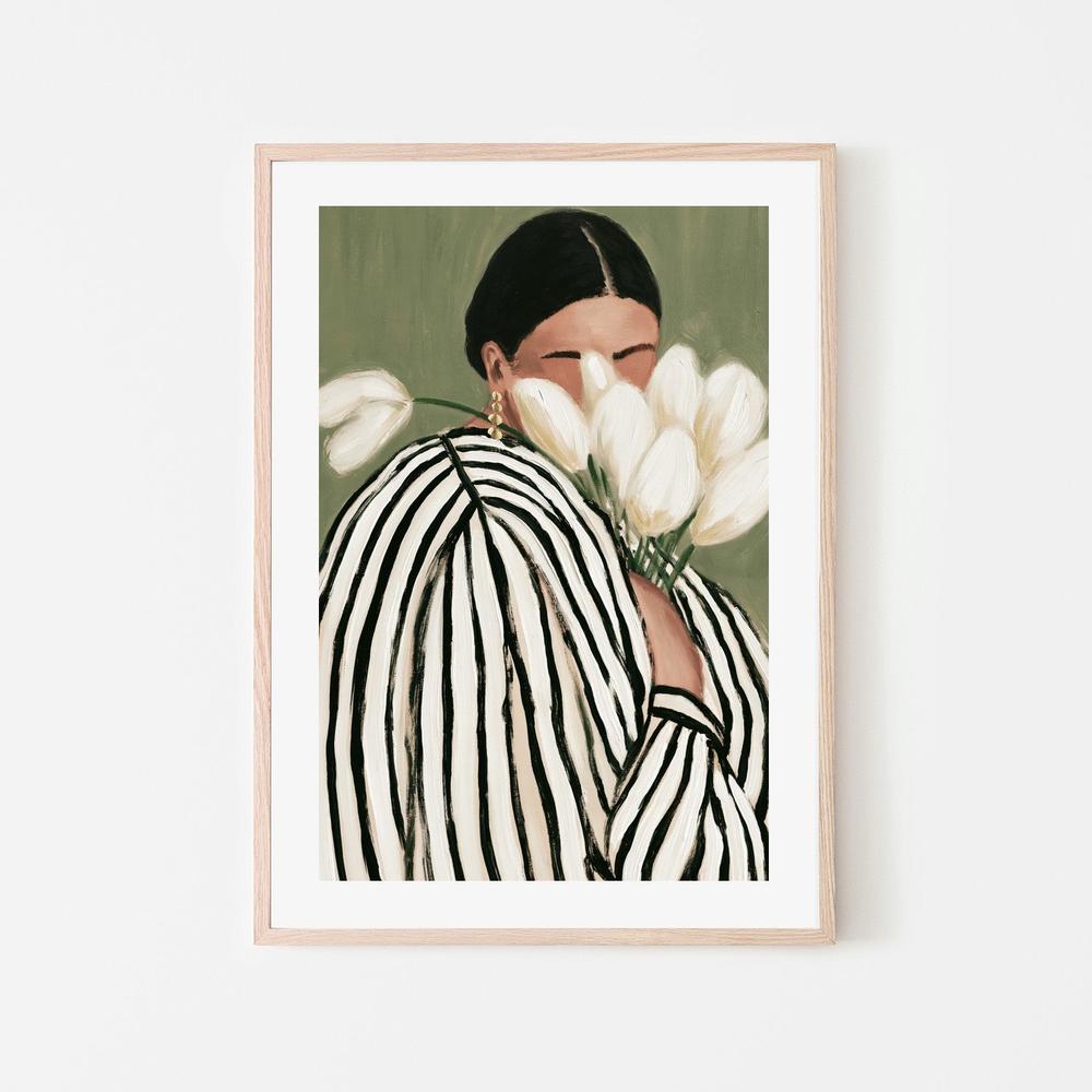 Striped dress woman with tulips-by-Stephanie Jeuffroy-wall-art-print-canvas-poster-framed-Gioia
