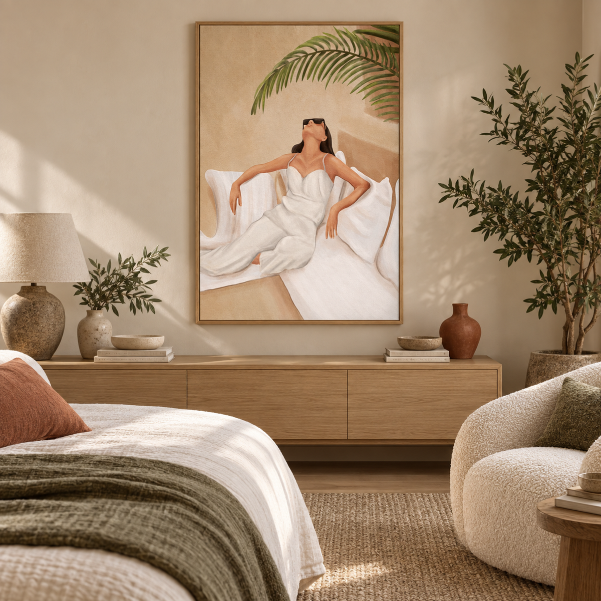 Summer Heat wall art styled in a warm contemporary bedroom with a borderless oak frame